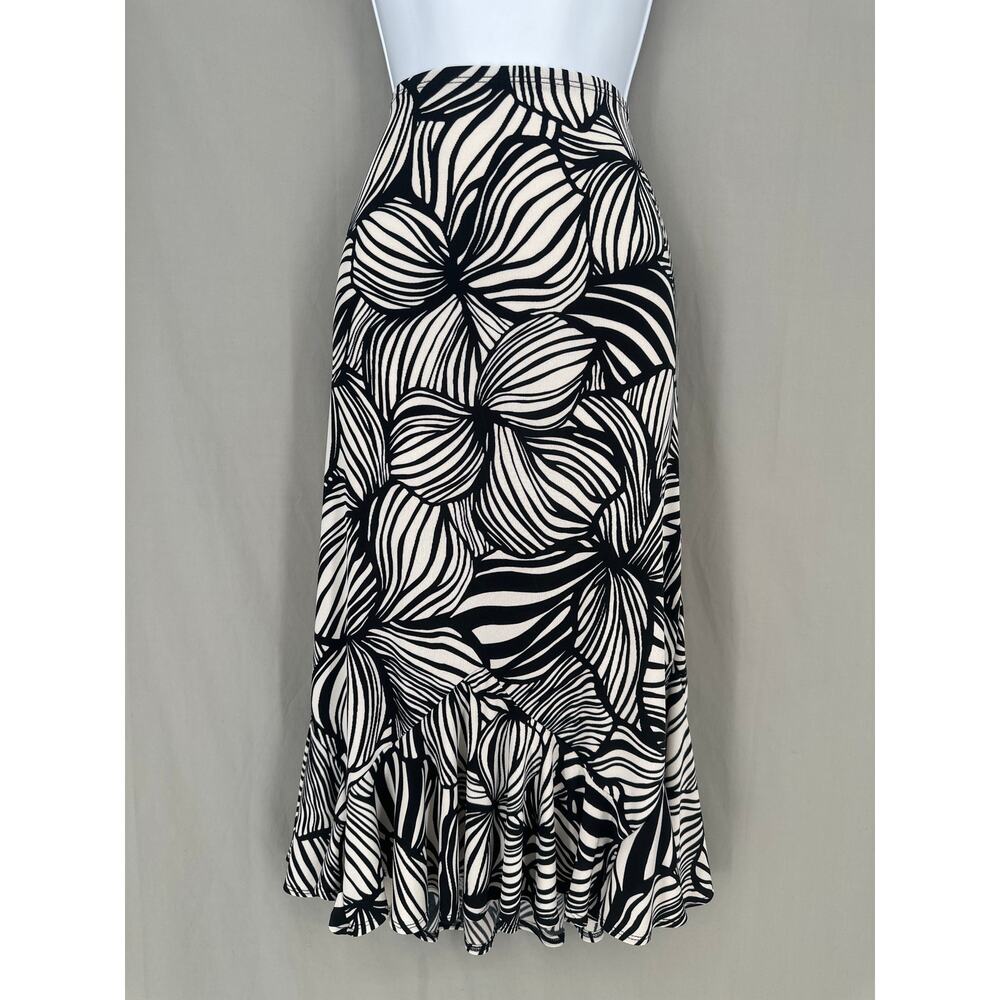 Y2K Vintage Skirt Womens Medium Black Floral Midi Ruffle Stretch Slinky Party
